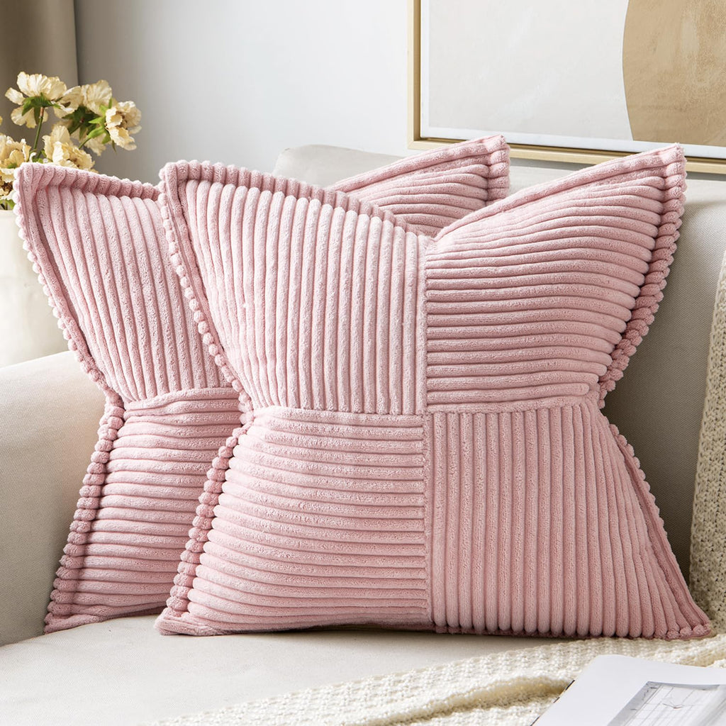 MIULEE Decorative Throw Pillow Covers for Couch Bed Livingroom 20x20 Inch Set of 2 Beige Boho Accent Throw Pllows Broadside Striped Patchwork Soft Corduroy Pillowcases