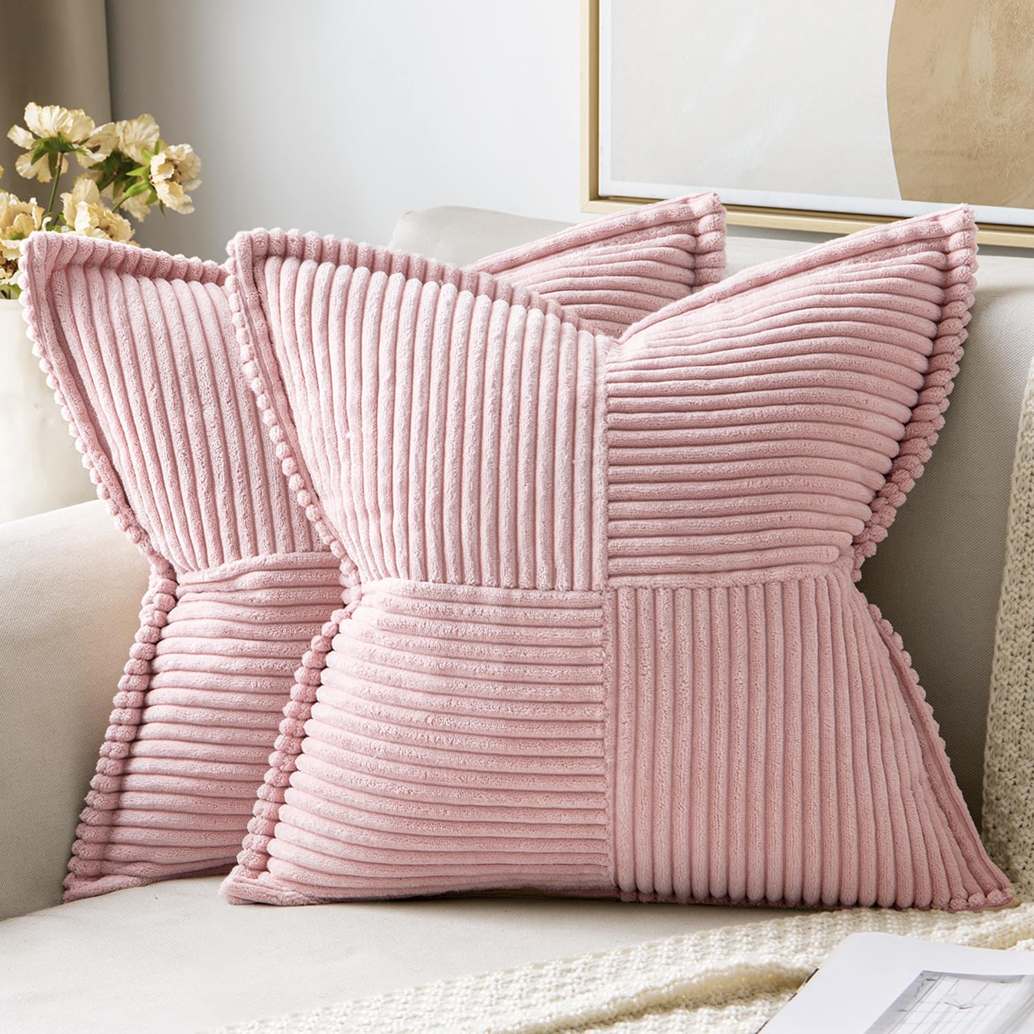 MIULEE Decorative Throw Pillow Covers for Couch Bed Livingroom 20x20 Inch Set of 2 Beige Boho Accent Throw Pllows Broadside Striped Patchwork Soft Corduroy Pillowcases