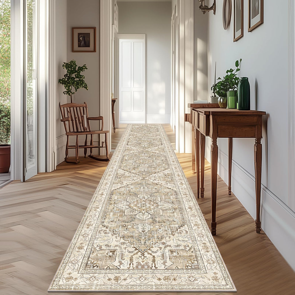 Yamaziot Washable Runner Rug, 2x8 Non-Slip Boho Vintage Hallway Rug Runner with Rubber Backing, Stain Resistant & Low Pile Faux Wool Distressed Carpet Runner for Bedroom, Kitchen, Laundry, Entrance