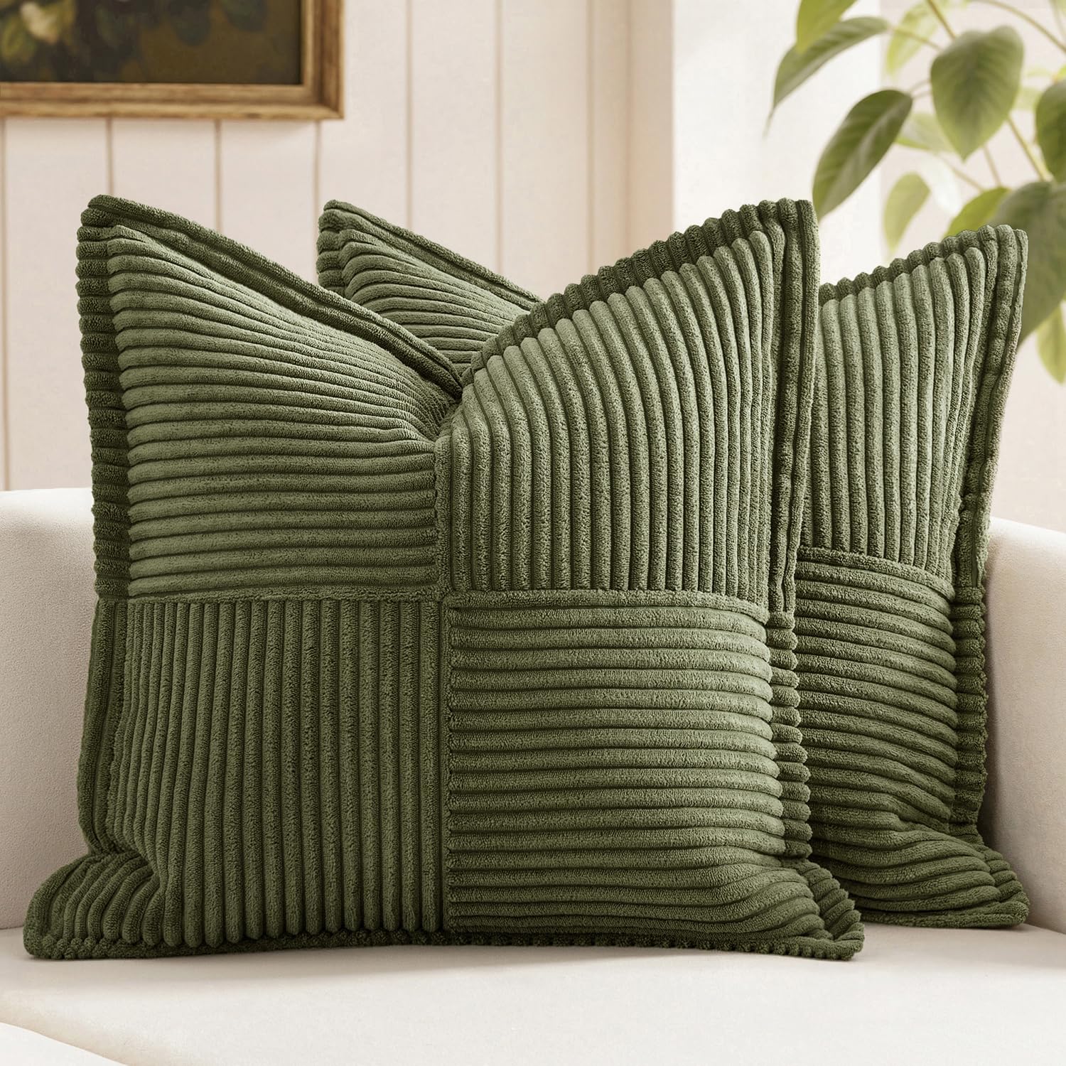 MIULEE Decorative Throw Pillow Covers for Couch Bed Livingroom 20x20 Inch Set of 2 Beige Boho Accent Throw Pllows Broadside Striped Patchwork Soft Corduroy Pillowcases