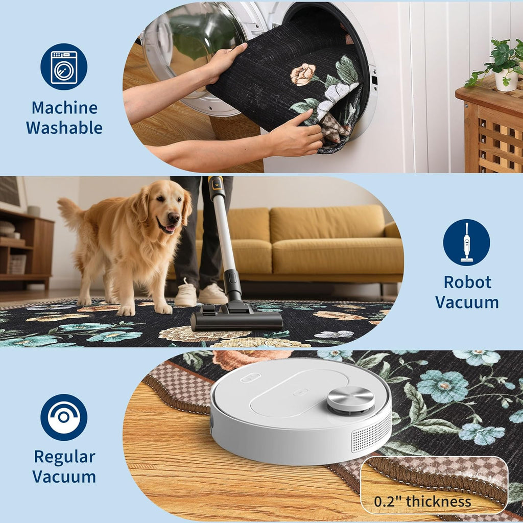 GarveeHome Floral Scalloped Kitchen Runner Rug, 2X6 Washable Hallway Runner Non-Slip, Soft Print Laundry Room Rug Low-Pile Stain Resistant Boho Carpet for Bathroom Bedroom Dorm, Black