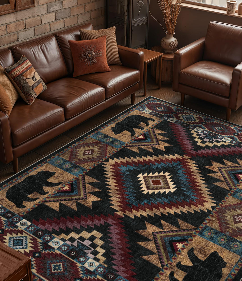 Hallway Runner Rug 2x6 Indoor Door Mat - Bear Rustic Cabin Non-Slip Entryway Rug, Low Pile Tribal Print for Kitchen, Bedroom