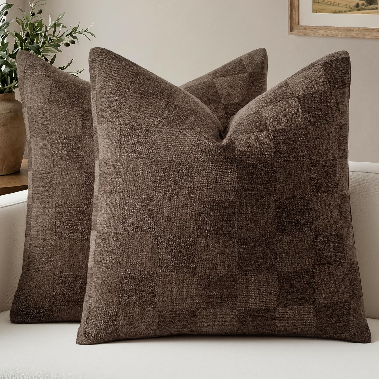 a moment Set of 2 Decorative Linen Throw Pillow Covers,Large Grid Textured Neutral Boho Farmhouse Cushion Covers,Soft Aesthetic Pillowcases for Couch Sofa Living Room Home Decor,20x20 Inch,Beige