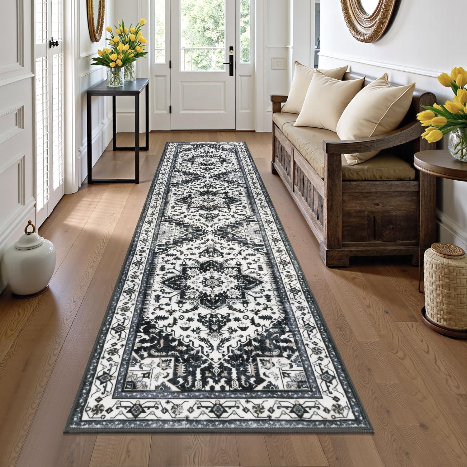 Yamaziot Washable Runner Rug, 2x8 Non-Slip Boho Vintage Hallway Rug Runner with Rubber Backing, Stain Resistant & Low Pile Faux Wool Distressed Carpet Runner for Bedroom, Kitchen, Laundry, Entrance