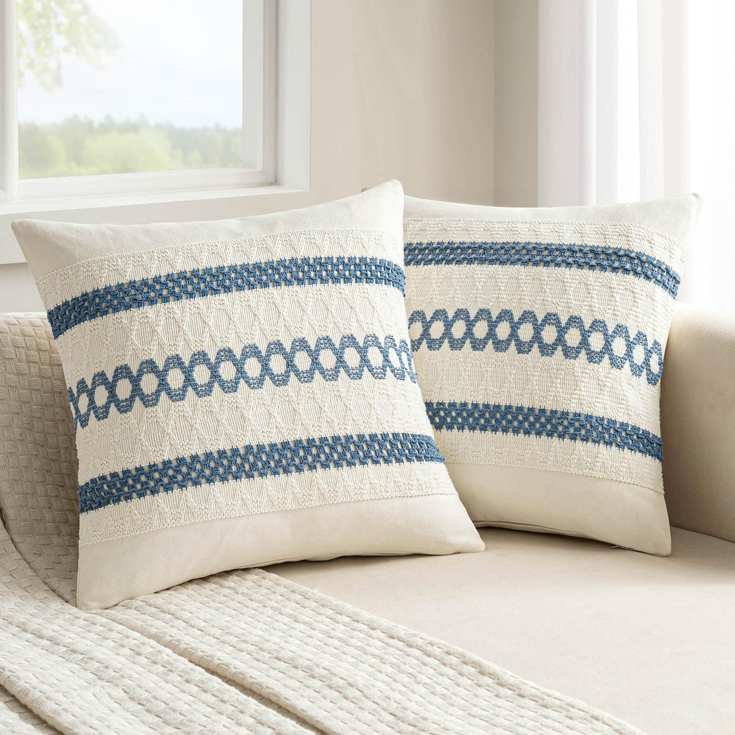 Set of 2 18x18 Inch Sage Green Macrame Woven Boho Farmhouse Pillow Covers Retro Cotton Cushion Cases for Sofa Bed Chair Summer Spring Decor