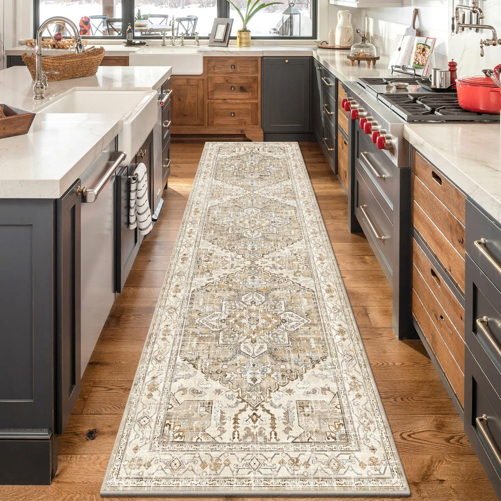 Yamaziot Washable Runner Rug, 2x8 Non-Slip Boho Vintage Hallway Rug Runner with Rubber Backing, Stain Resistant & Low Pile Faux Wool Distressed Carpet Runner for Bedroom, Kitchen, Laundry, Entrance