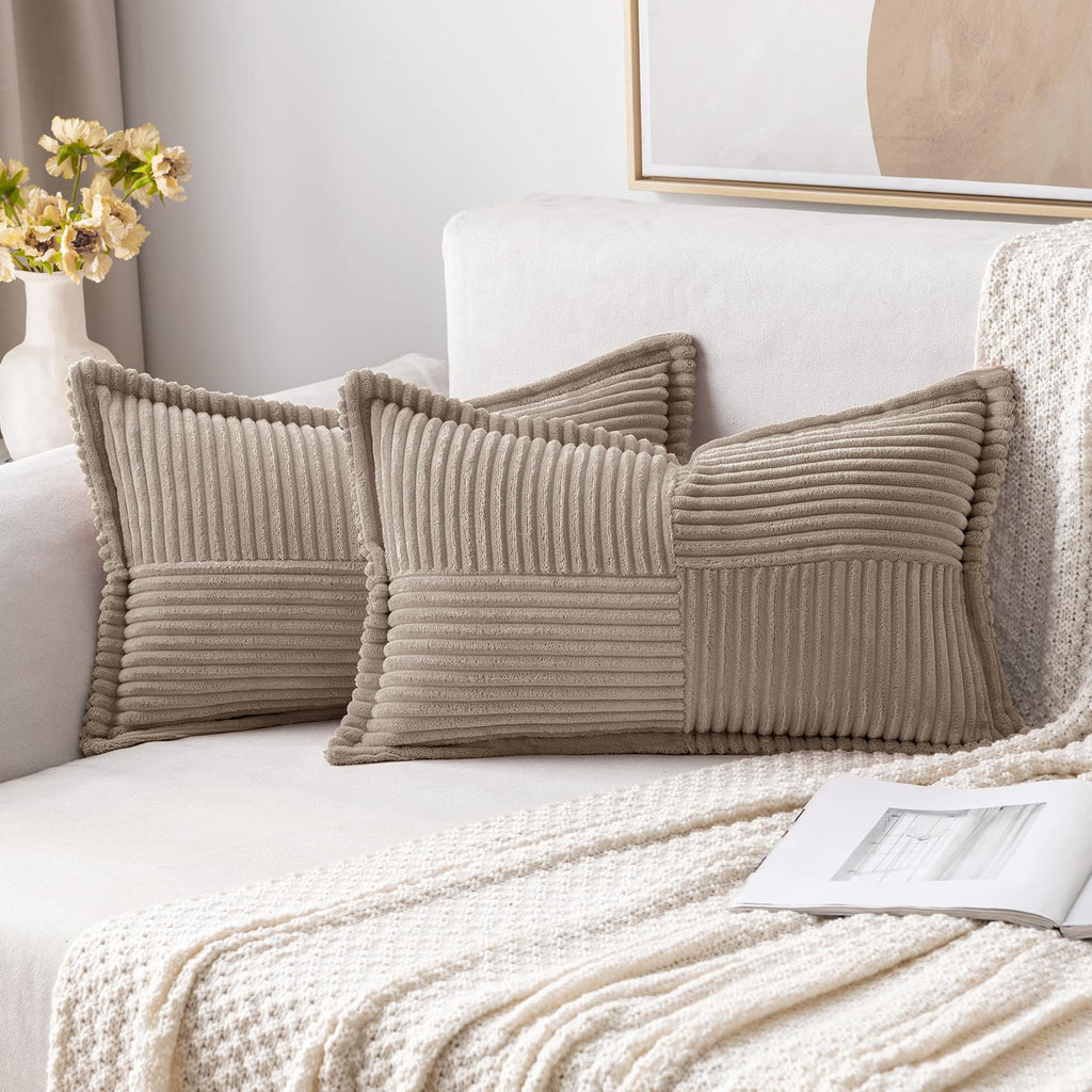 MIULEE Decorative Throw Pillow Covers for Couch Bed Livingroom 20x20 Inch Set of 2 Beige Boho Accent Throw Pllows Broadside Striped Patchwork Soft Corduroy Pillowcases