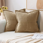 MIULEE Decorative Throw Pillow Covers for Couch Bed Livingroom 20x20 Inch Set of 2 Beige Boho Accent Throw Pllows Broadside Striped Patchwork Soft Corduroy Pillowcases