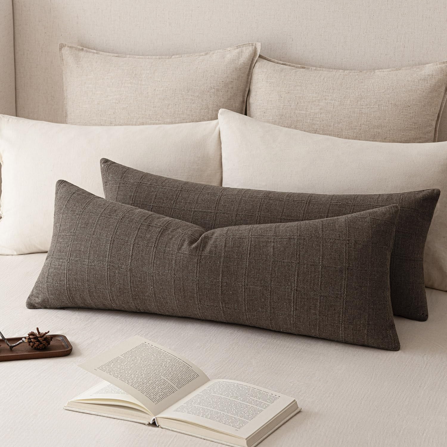 Foindtower Set of 2 Decorative Linen Check Throw Pillow Covers Neutral Farmhouse Vintage Cushion Covers Modern Boho Home Decor for Sofa Chair Couch Bedroom Living Room,18×18 Inch,Natural Beige