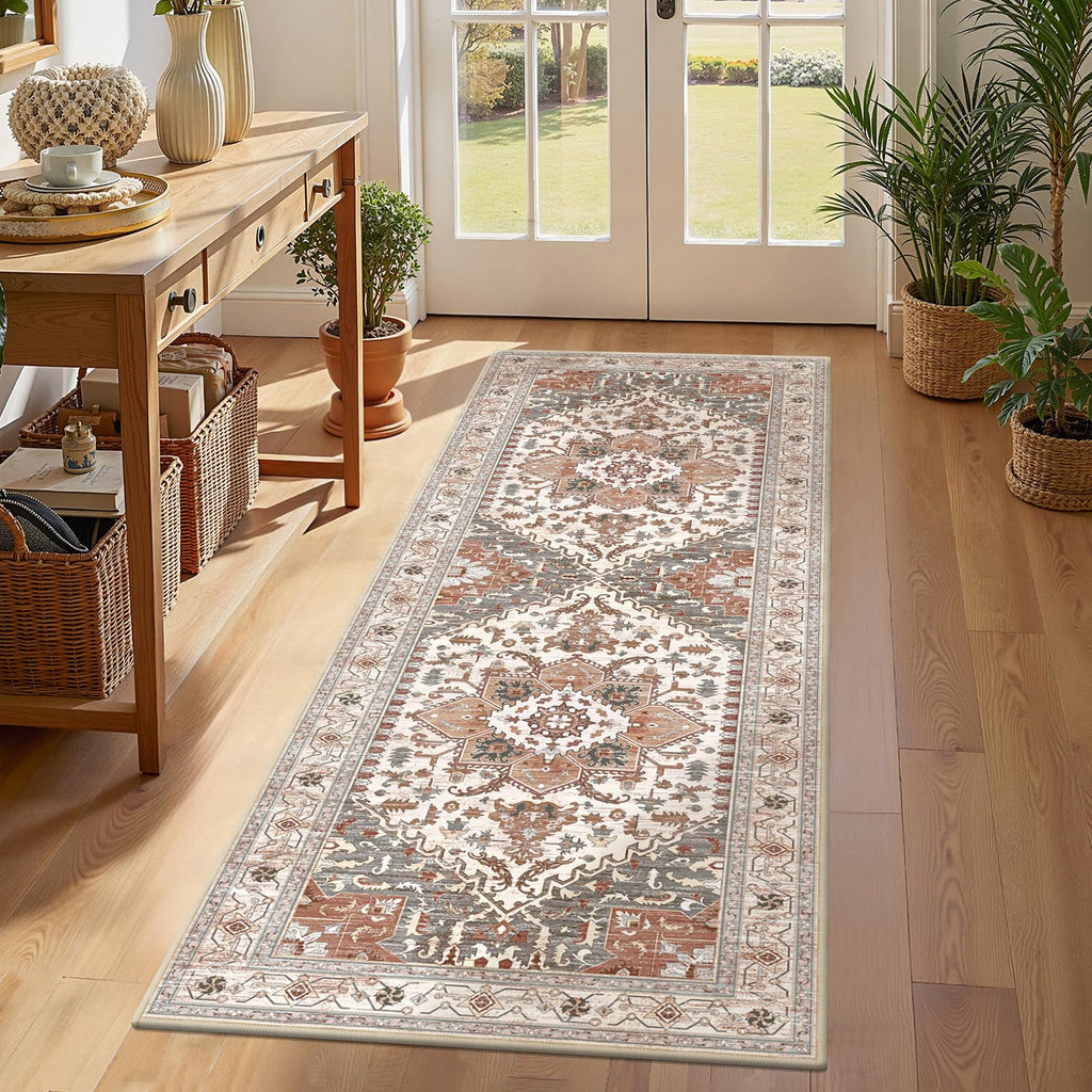 Yamaziot Washable Runner Rug, 2x8 Non-Slip Boho Vintage Hallway Rug Runner with Rubber Backing, Stain Resistant & Low Pile Faux Wool Distressed Carpet Runner for Bedroom, Kitchen, Laundry, Entrance