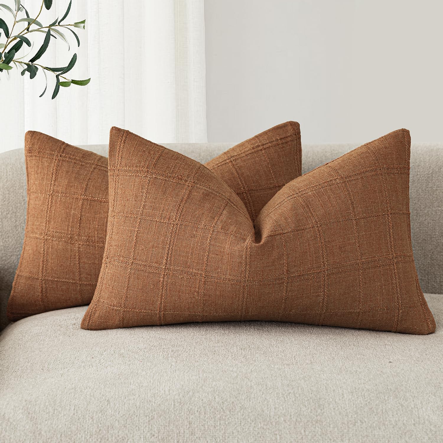 Foindtower Set of 2 Decorative Linen Check Throw Pillow Covers Neutral Farmhouse Vintage Cushion Covers Modern Boho Home Decor for Sofa Chair Couch Bedroom Living Room,18×18 Inch,Natural Beige