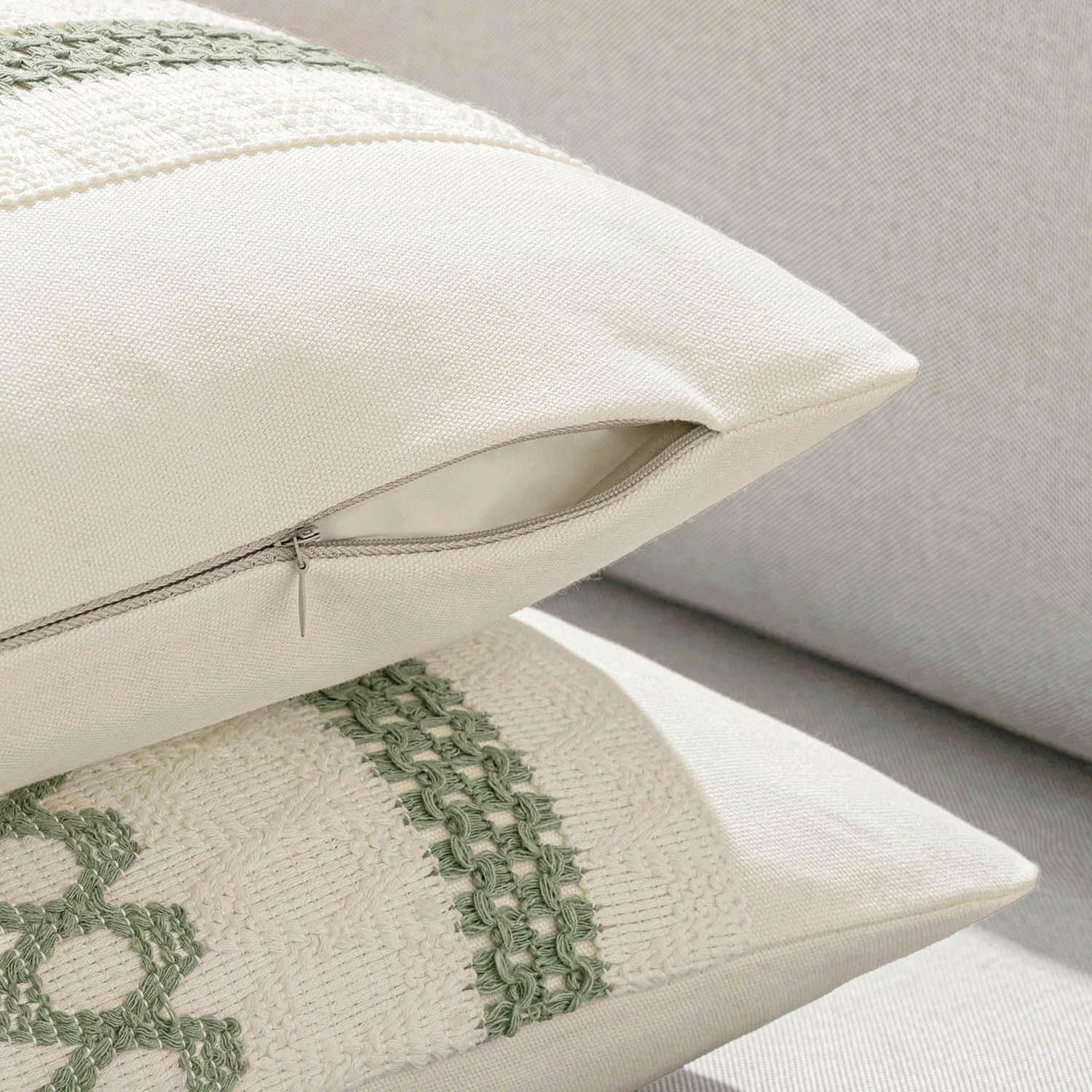 Set of 2 18x18 Inch Sage Green Macrame Woven Boho Farmhouse Pillow Covers Retro Cotton Cushion Cases for Sofa Bed Chair Summer Spring Decor