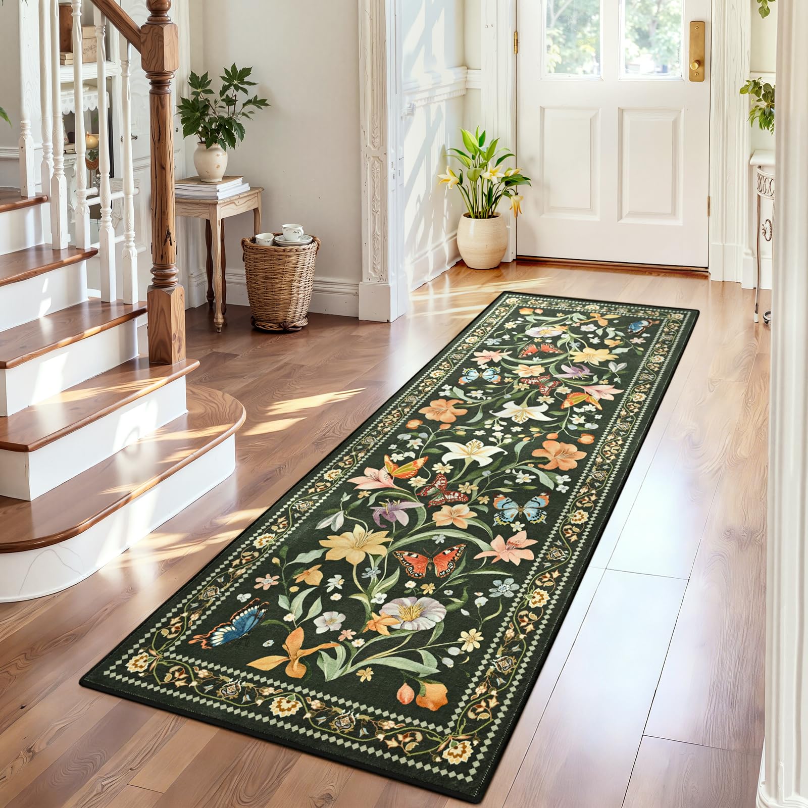 2x6 Washable Runners for Hallways Non Slip, Black Floral Kitchen Runner Rug with Rubber Backing, Vintage Carpet Runner for Entryway, Kitchen, Laundry, Bedroom, Bathroom