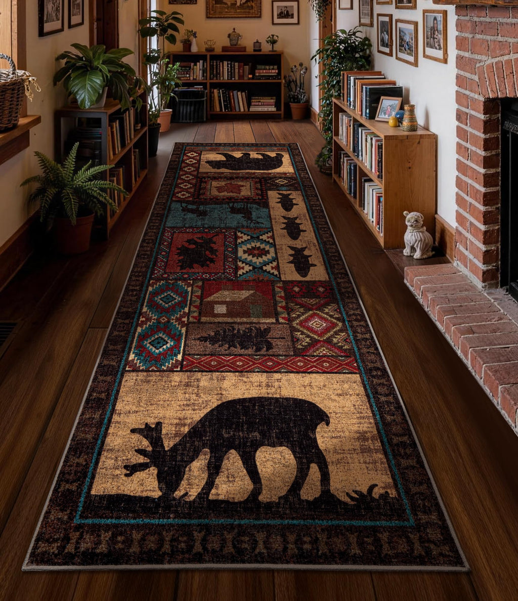 Hallway Runner Rug 2x6 Indoor Door Mat - Bear Rustic Cabin Non-Slip Entryway Rug, Low Pile Tribal Print for Kitchen, Bedroom