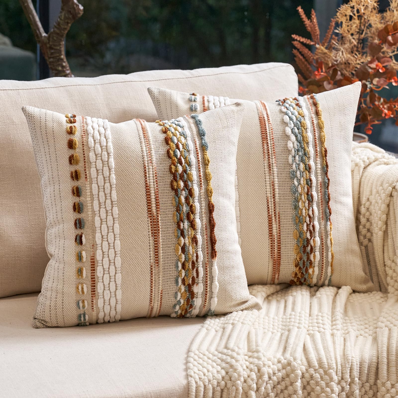 Aeckself Boho Throw Pillow Covers 18x18 Inch Set of 2, Farmhouse Decorative Striped Square Pillow Covers Chenille Tufted Pillow Cases Accent Neutral Pillowcase for Living Room Couch Bed, Orange White