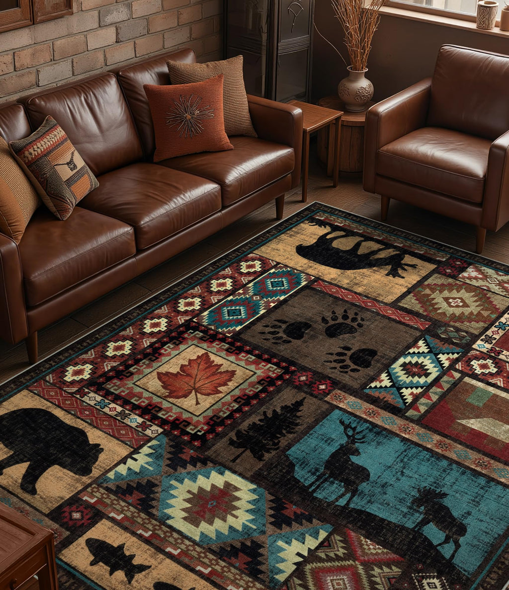 Hallway Runner Rug 2x6 Indoor Door Mat - Bear Rustic Cabin Non-Slip Entryway Rug, Low Pile Tribal Print for Kitchen, Bedroom