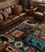 Hallway Runner Rug 2x6 Indoor Door Mat - Bear Rustic Cabin Non-Slip Entryway Rug, Low Pile Tribal Print for Kitchen, Bedroom