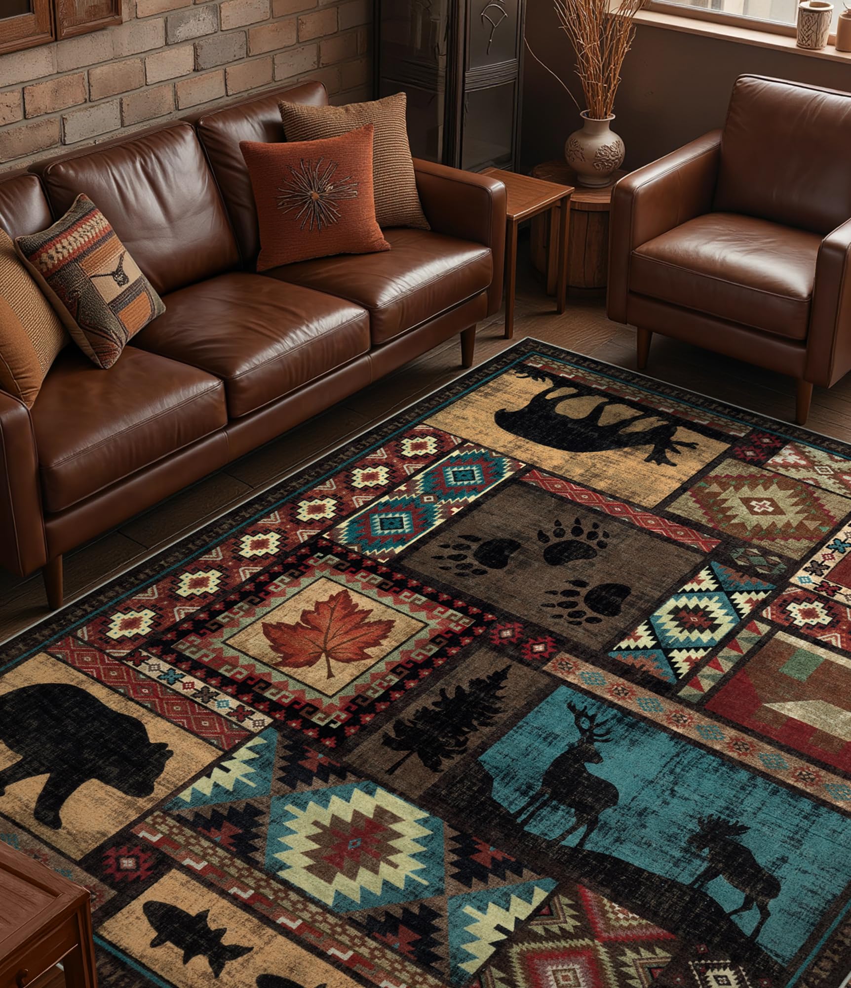 Hallway Runner Rug 2x6 Indoor Door Mat - Bear Rustic Cabin Non-Slip Entryway Rug, Low Pile Tribal Print for Kitchen, Bedroom