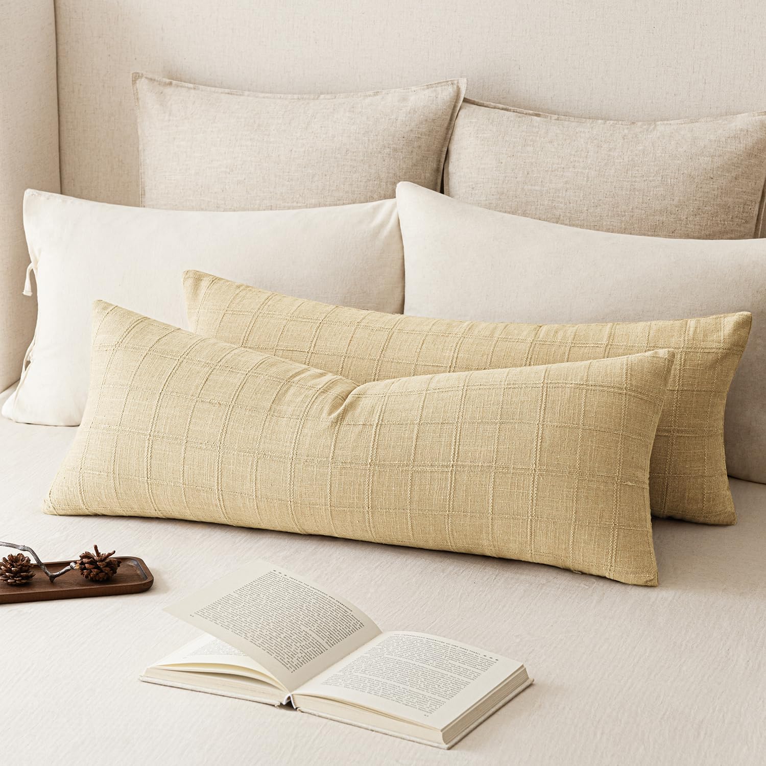 Foindtower Set of 2 Decorative Linen Check Throw Pillow Covers Neutral Farmhouse Vintage Cushion Covers Modern Boho Home Decor for Sofa Chair Couch Bedroom Living Room,18×18 Inch,Natural Beige