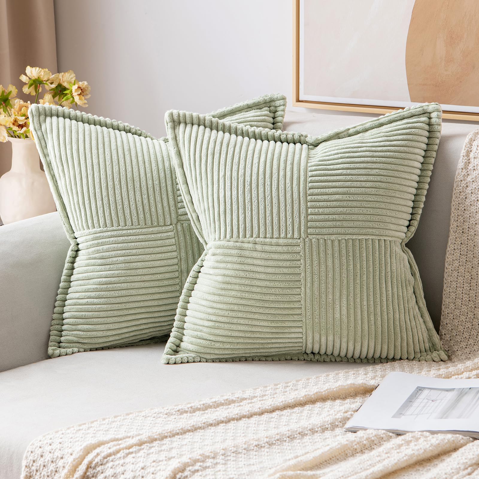 MIULEE Decorative Throw Pillow Covers for Couch Bed Livingroom 20x20 Inch Set of 2 Beige Boho Accent Throw Pllows Broadside Striped Patchwork Soft Corduroy Pillowcases