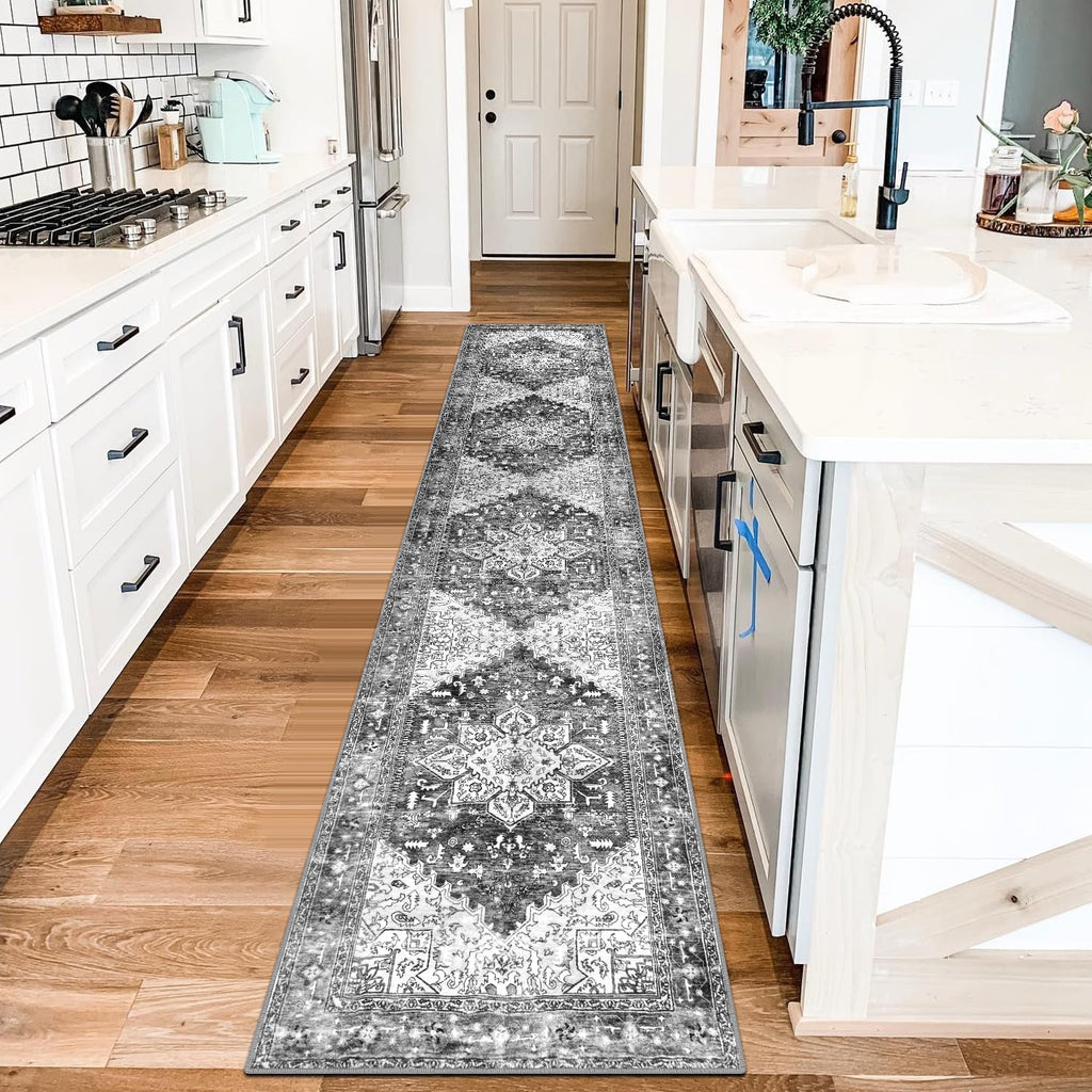 Yamaziot Washable Runner Rug, 2x8 Non-Slip Boho Vintage Hallway Rug Runner with Rubber Backing, Stain Resistant & Low Pile Faux Wool Distressed Carpet Runner for Bedroom, Kitchen, Laundry, Entrance