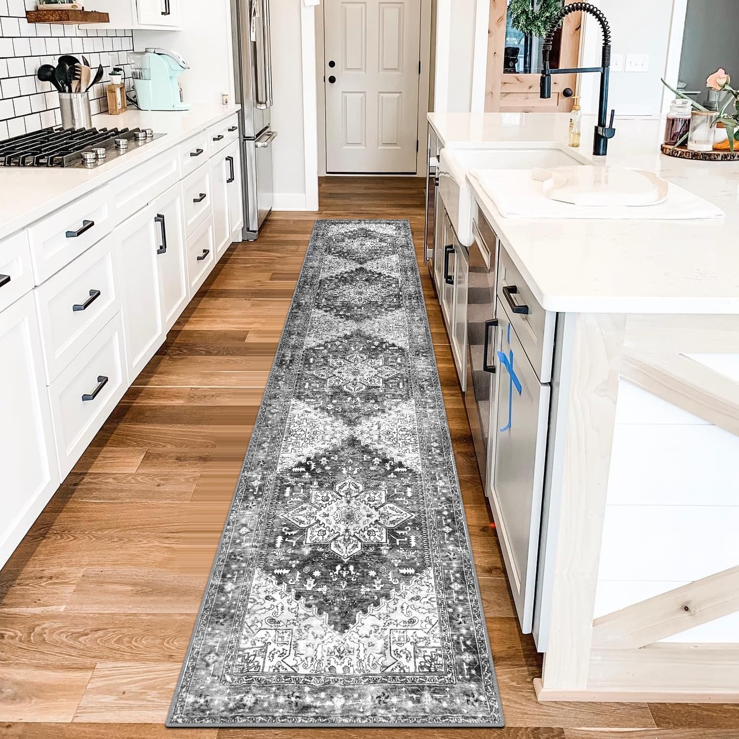 Yamaziot Washable Runner Rug, 2x8 Non-Slip Boho Vintage Hallway Rug Runner with Rubber Backing, Stain Resistant & Low Pile Faux Wool Distressed Carpet Runner for Bedroom, Kitchen, Laundry, Entrance
