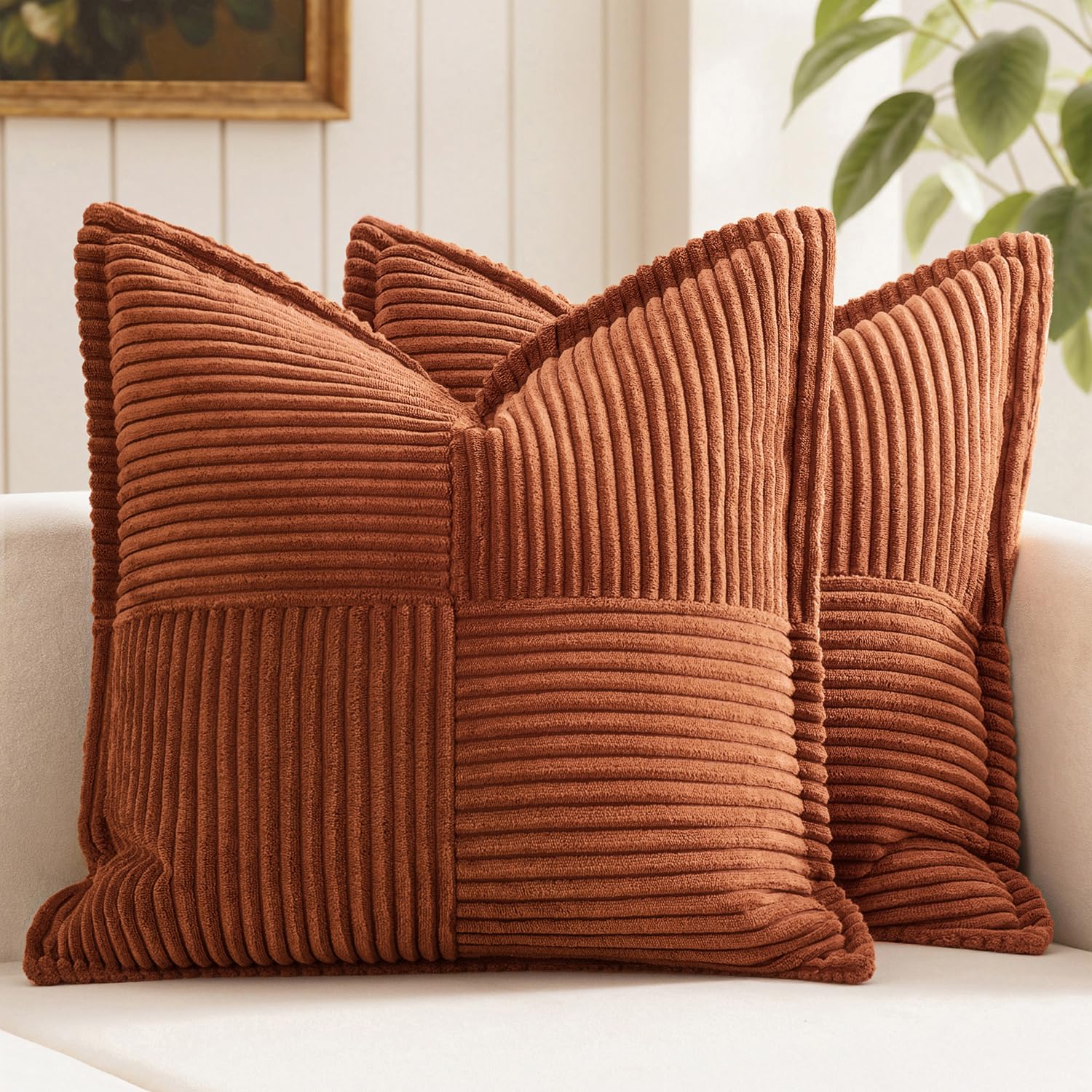 MIULEE Decorative Throw Pillow Covers for Couch Bed Livingroom 20x20 Inch Set of 2 Beige Boho Accent Throw Pllows Broadside Striped Patchwork Soft Corduroy Pillowcases