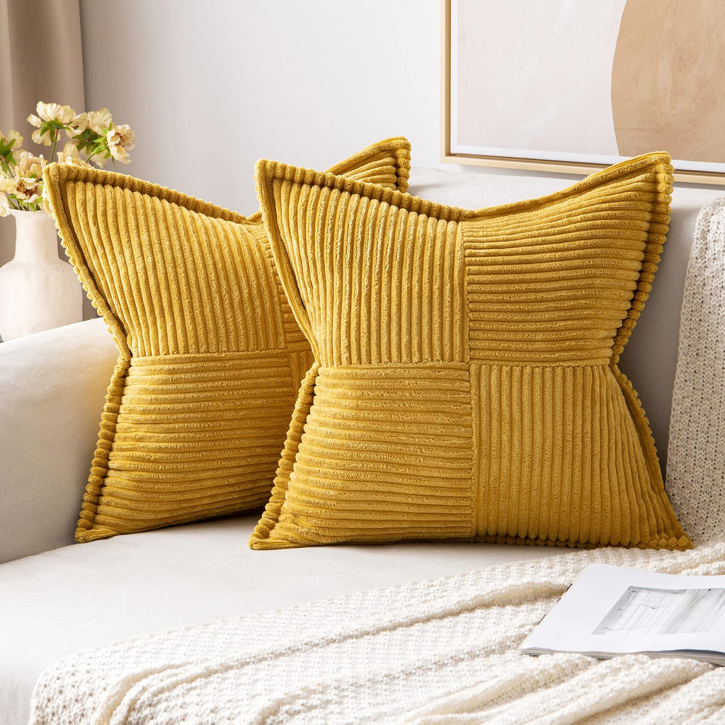 MIULEE Decorative Throw Pillow Covers for Couch Bed Livingroom 20x20 Inch Set of 2 Beige Boho Accent Throw Pllows Broadside Striped Patchwork Soft Corduroy Pillowcases