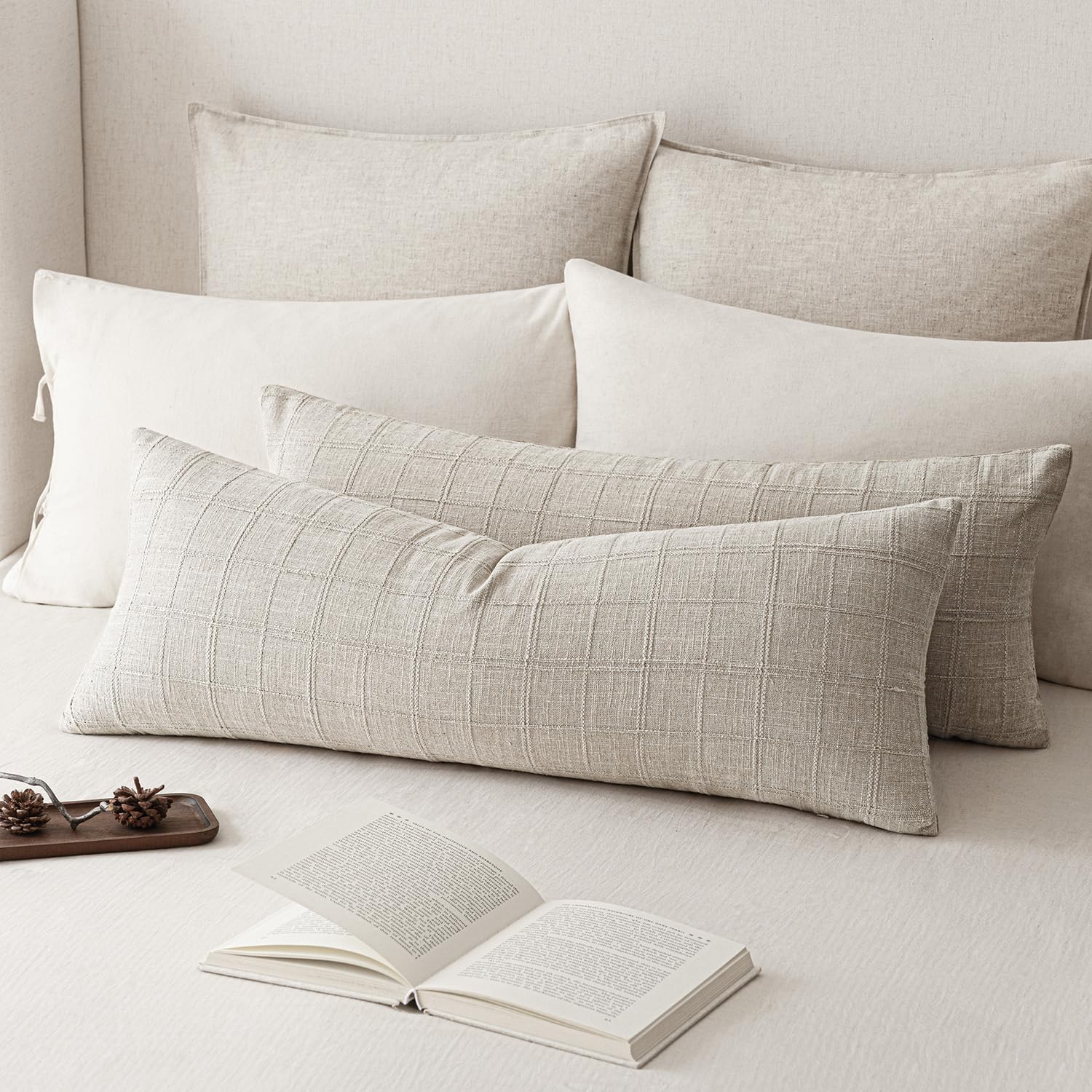 Foindtower Set of 2 Decorative Linen Check Throw Pillow Covers Neutral Farmhouse Vintage Cushion Covers Modern Boho Home Decor for Sofa Chair Couch Bedroom Living Room,18×18 Inch,Natural Beige
