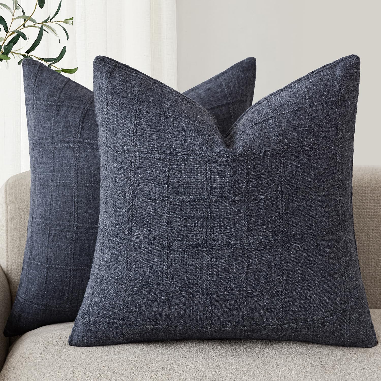 Foindtower Set of 2 Decorative Linen Check Throw Pillow Covers Neutral Farmhouse Vintage Cushion Covers Modern Boho Home Decor for Sofa Chair Couch Bedroom Living Room,18×18 Inch,Natural Beige