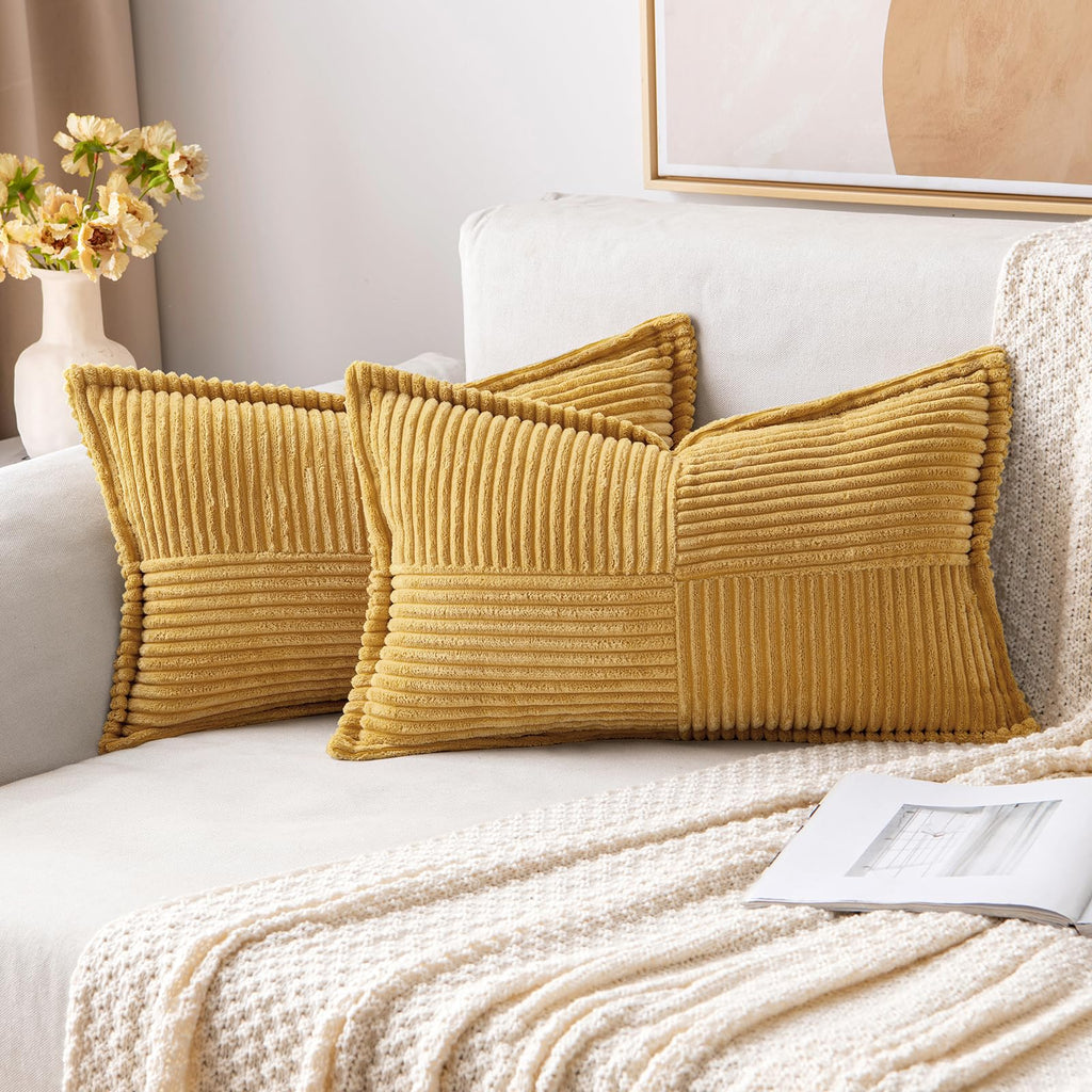 MIULEE Decorative Throw Pillow Covers for Couch Bed Livingroom 20x20 Inch Set of 2 Beige Boho Accent Throw Pllows Broadside Striped Patchwork Soft Corduroy Pillowcases