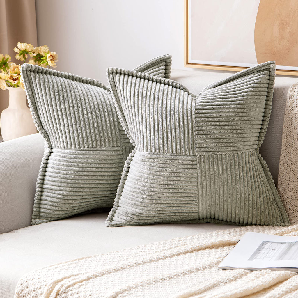 MIULEE Decorative Throw Pillow Covers for Couch Bed Livingroom 20x20 Inch Set of 2 Beige Boho Accent Throw Pllows Broadside Striped Patchwork Soft Corduroy Pillowcases