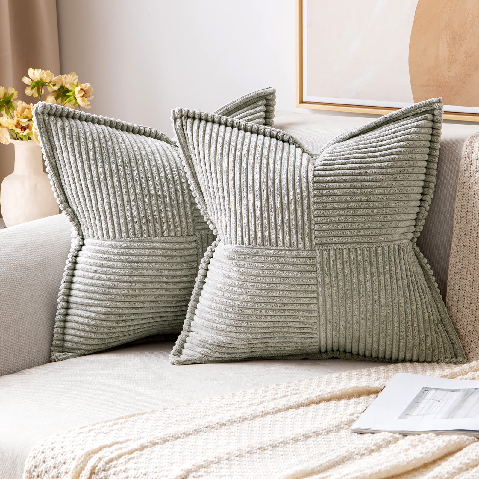 MIULEE Decorative Throw Pillow Covers for Couch Bed Livingroom 20x20 Inch Set of 2 Beige Boho Accent Throw Pllows Broadside Striped Patchwork Soft Corduroy Pillowcases