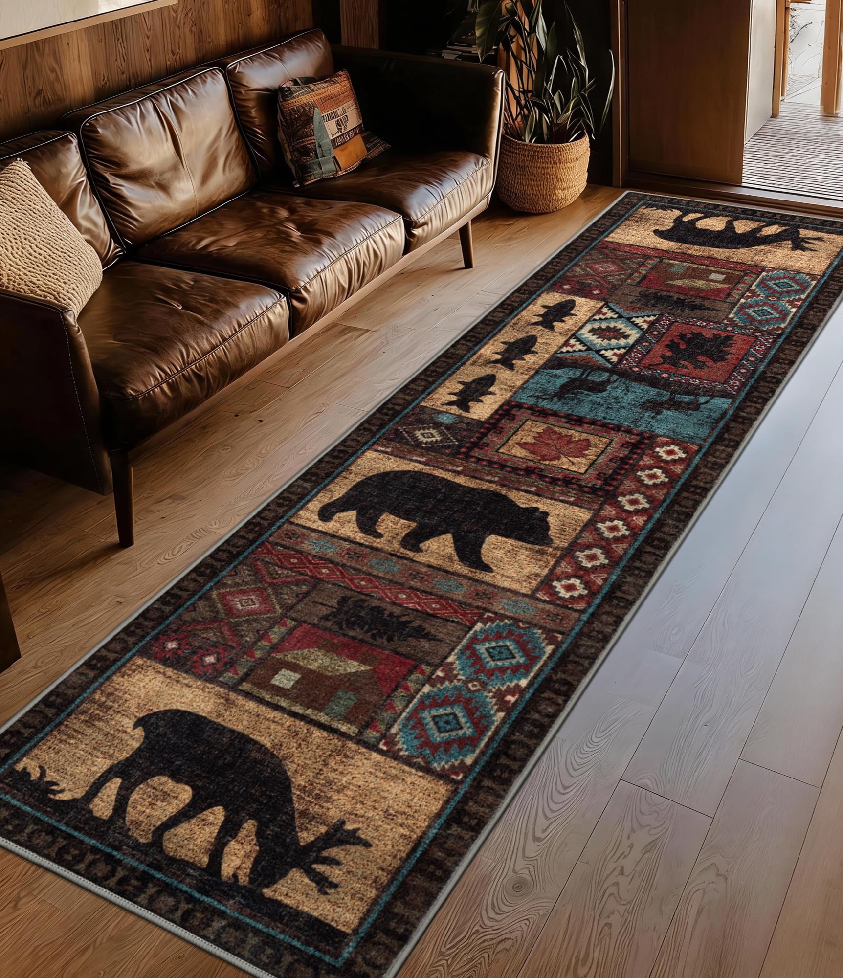 Hallway Runner Rug 2x6 Indoor Door Mat - Bear Rustic Cabin Non-Slip Entryway Rug, Low Pile Tribal Print for Kitchen, Bedroom