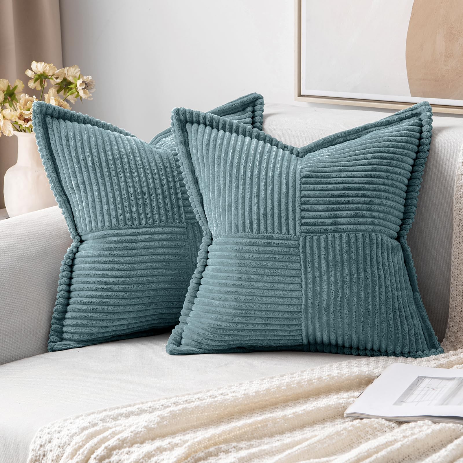 MIULEE Decorative Throw Pillow Covers for Couch Bed Livingroom 20x20 Inch Set of 2 Beige Boho Accent Throw Pllows Broadside Striped Patchwork Soft Corduroy Pillowcases