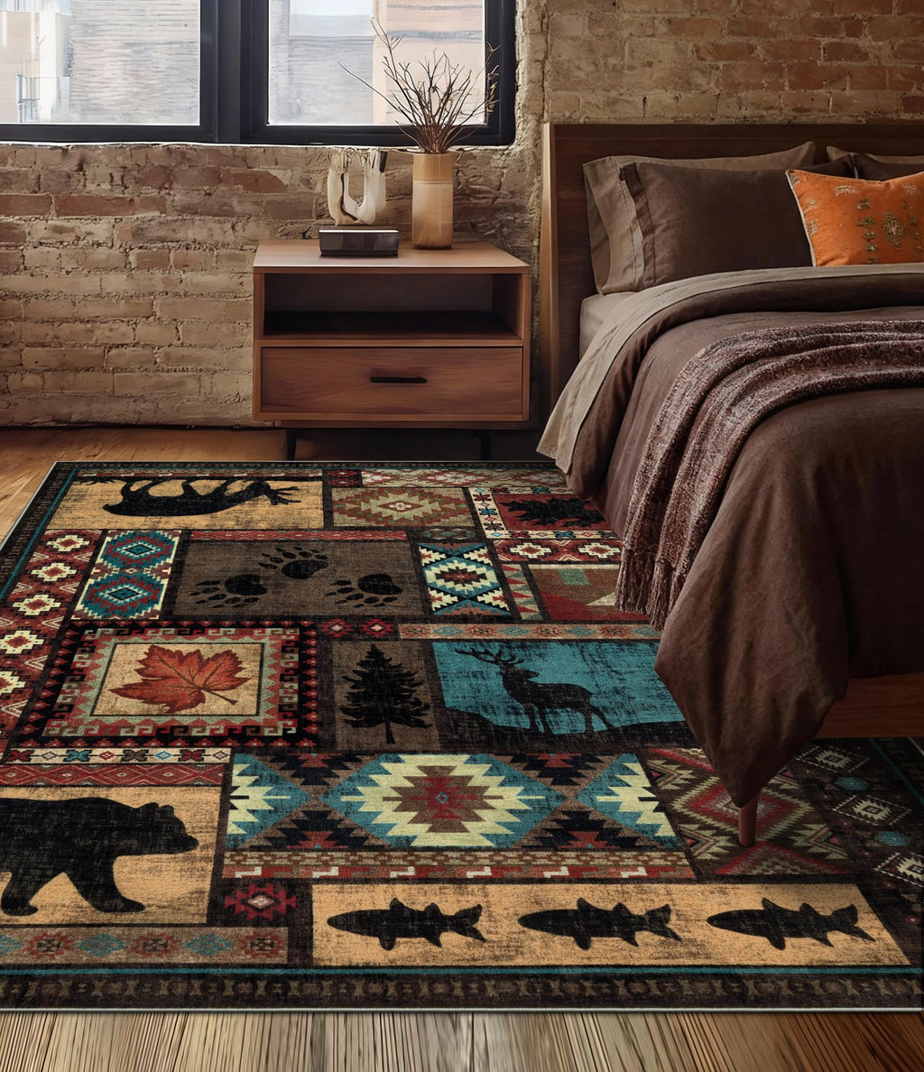 Hallway Runner Rug 2x6 Indoor Door Mat - Bear Rustic Cabin Non-Slip Entryway Rug, Low Pile Tribal Print for Kitchen, Bedroom