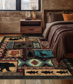 Hallway Runner Rug 2x6 Indoor Door Mat - Bear Rustic Cabin Non-Slip Entryway Rug, Low Pile Tribal Print for Kitchen, Bedroom