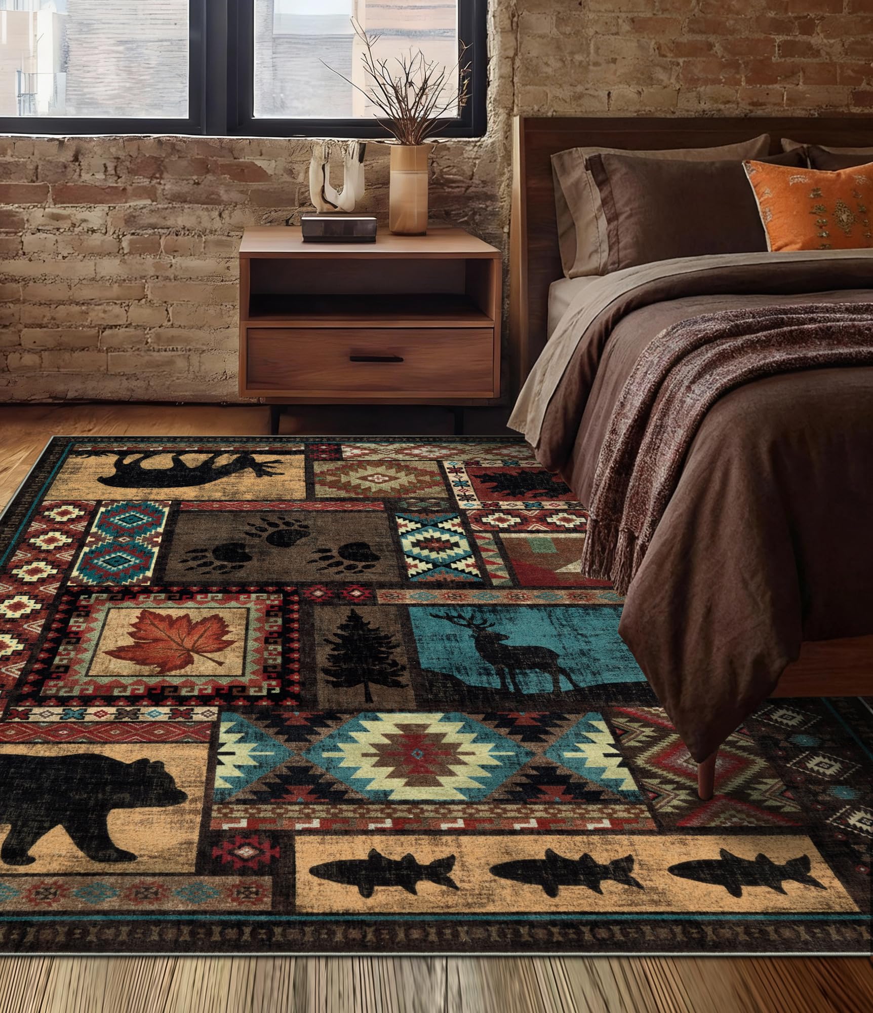 Hallway Runner Rug 2x6 Indoor Door Mat - Bear Rustic Cabin Non-Slip Entryway Rug, Low Pile Tribal Print for Kitchen, Bedroom