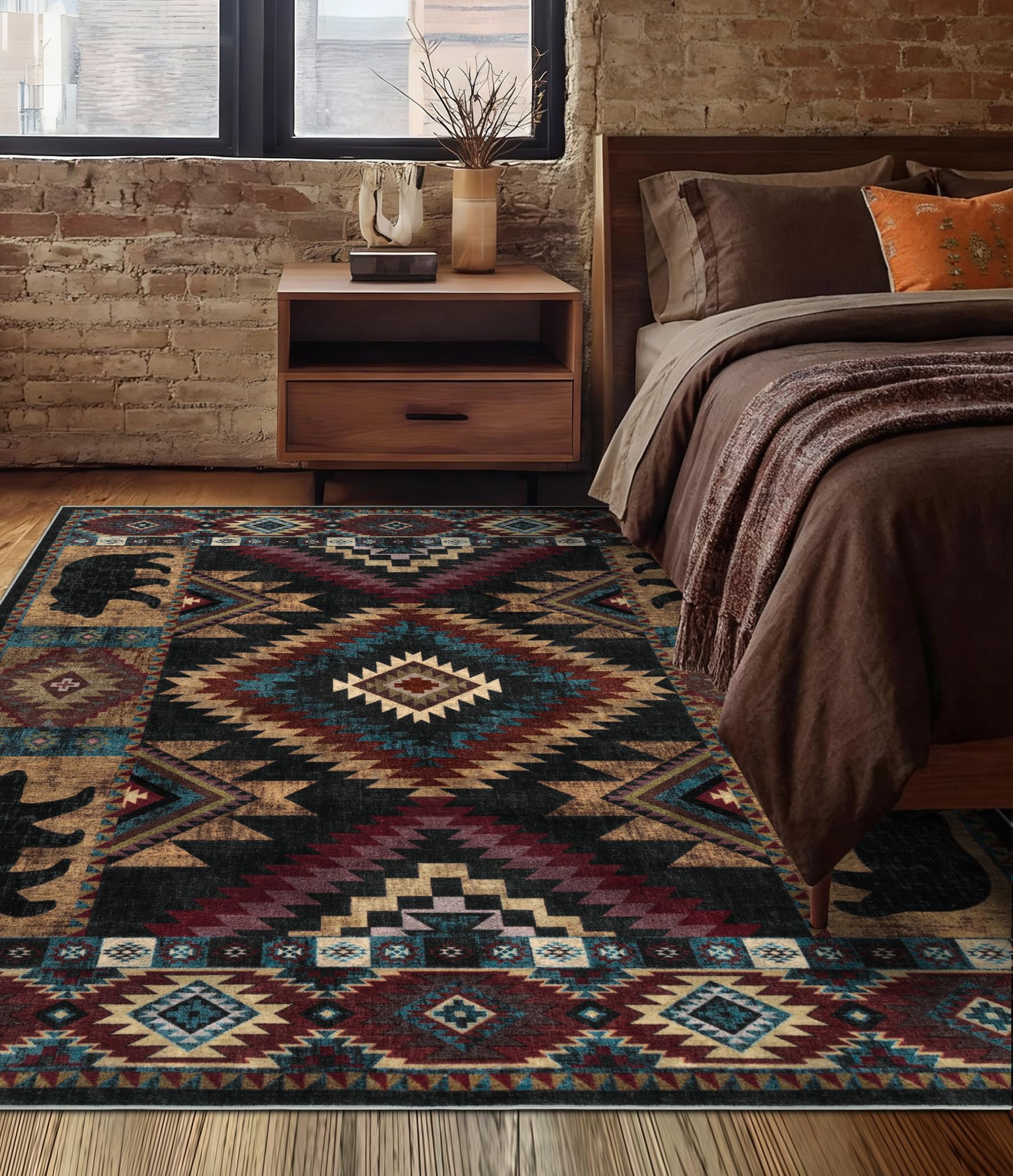 Hallway Runner Rug 2x6 Indoor Door Mat - Bear Rustic Cabin Non-Slip Entryway Rug, Low Pile Tribal Print for Kitchen, Bedroom