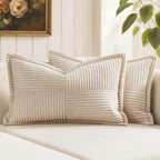 MIULEE Decorative Throw Pillow Covers for Couch Bed Livingroom 20x20 Inch Set of 2 Beige Boho Accent Throw Pllows Broadside Striped Patchwork Soft Corduroy Pillowcases