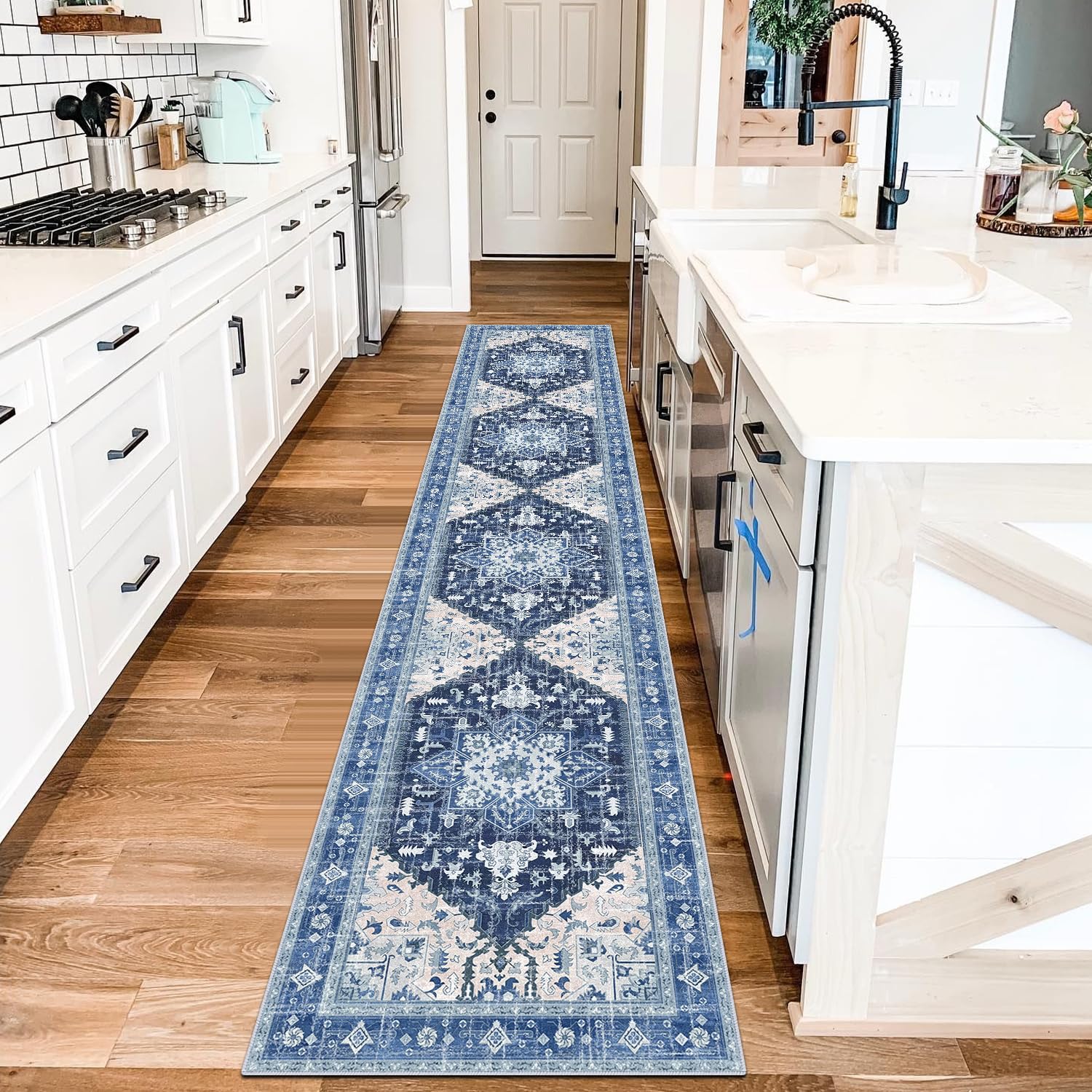 Yamaziot Washable Runner Rug, 2x8 Non-Slip Boho Vintage Hallway Rug Runner with Rubber Backing, Stain Resistant & Low Pile Faux Wool Distressed Carpet Runner for Bedroom, Kitchen, Laundry, Entrance