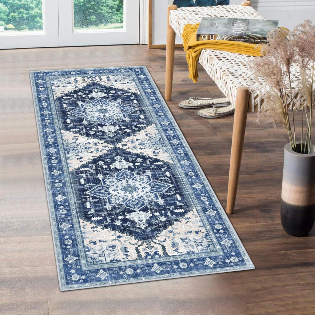 Yamaziot Washable Runner Rug, 2x8 Non-Slip Boho Vintage Hallway Rug Runner with Rubber Backing, Stain Resistant & Low Pile Faux Wool Distressed Carpet Runner for Bedroom, Kitchen, Laundry, Entrance