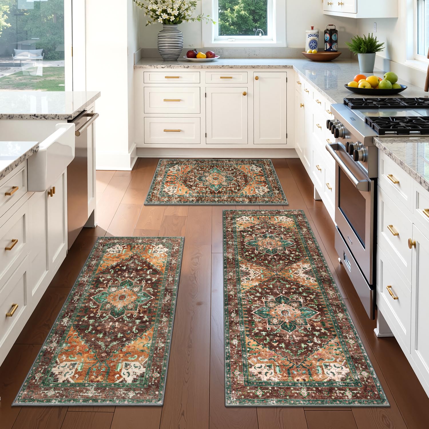 Yamaziot Washable Runner Rug, 2x8 Non-Slip Boho Vintage Hallway Rug Runner with Rubber Backing, Stain Resistant & Low Pile Faux Wool Distressed Carpet Runner for Bedroom, Kitchen, Laundry, Entrance