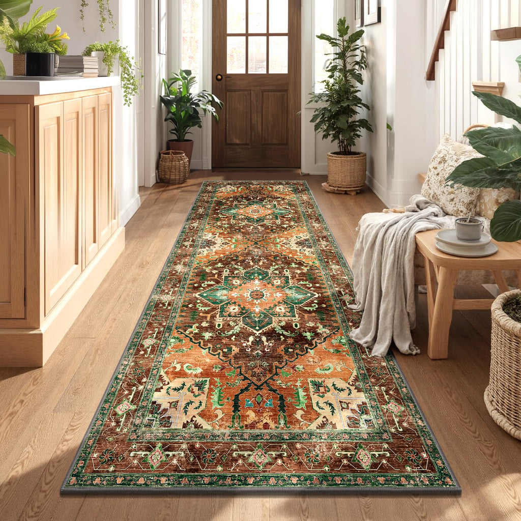 Yamaziot Washable Runner Rug, 2x8 Non-Slip Boho Vintage Hallway Rug Runner with Rubber Backing, Stain Resistant & Low Pile Faux Wool Distressed Carpet Runner for Bedroom, Kitchen, Laundry, Entrance