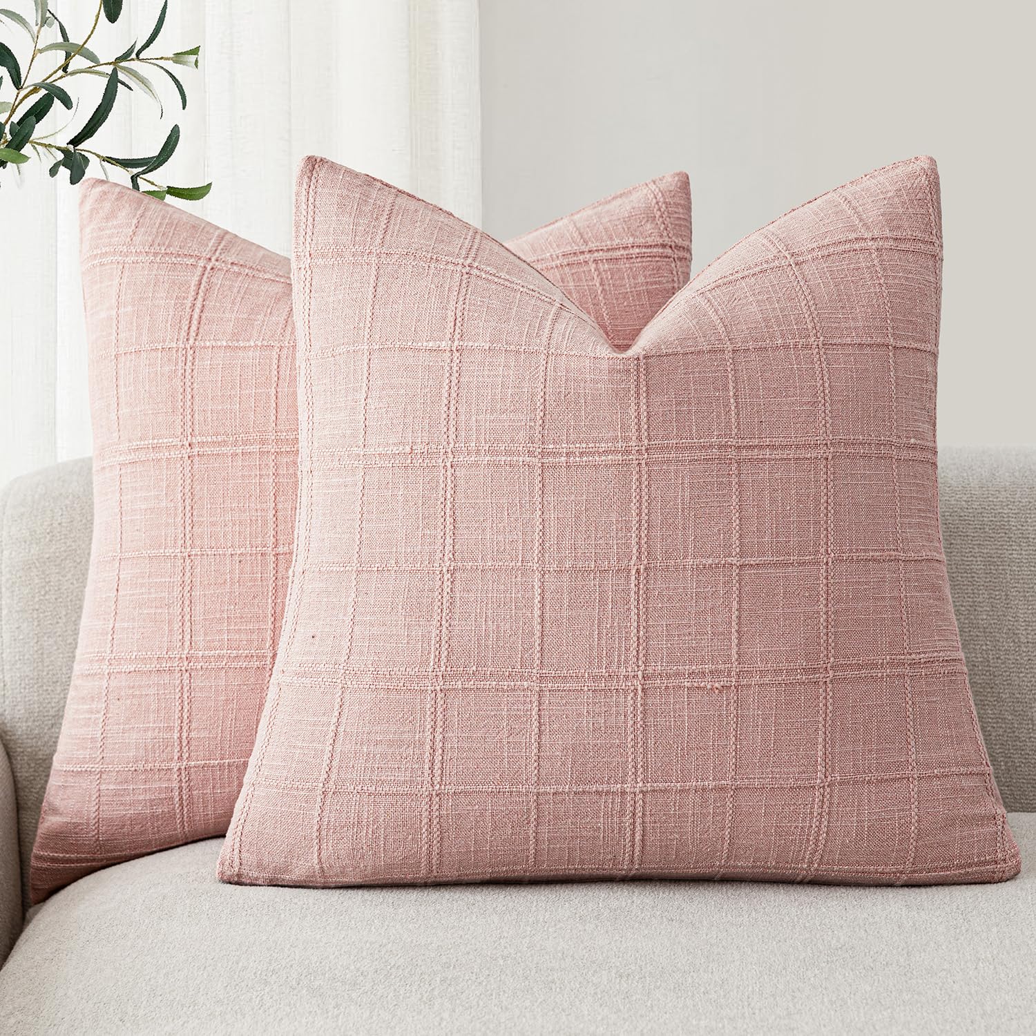 Foindtower Set of 2 Decorative Linen Check Throw Pillow Covers Neutral Farmhouse Vintage Cushion Covers Modern Boho Home Decor for Sofa Chair Couch Bedroom Living Room,18×18 Inch,Natural Beige