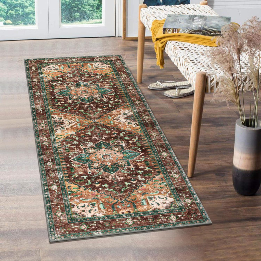 Yamaziot Washable Runner Rug, 2x8 Non-Slip Boho Vintage Hallway Rug Runner with Rubber Backing, Stain Resistant & Low Pile Faux Wool Distressed Carpet Runner for Bedroom, Kitchen, Laundry, Entrance