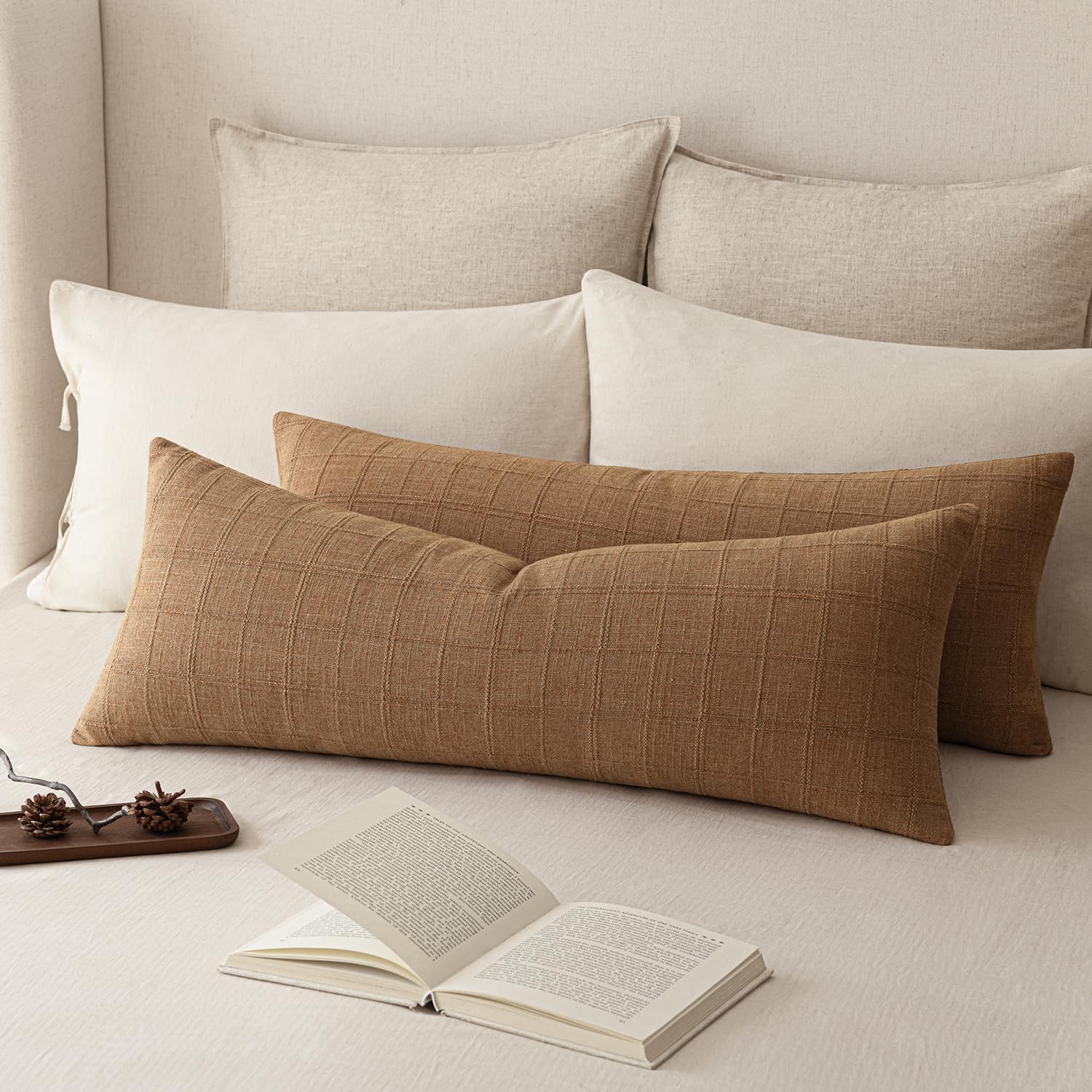 Foindtower Set of 2 Decorative Linen Check Throw Pillow Covers Neutral Farmhouse Vintage Cushion Covers Modern Boho Home Decor for Sofa Chair Couch Bedroom Living Room,18×18 Inch,Natural Beige