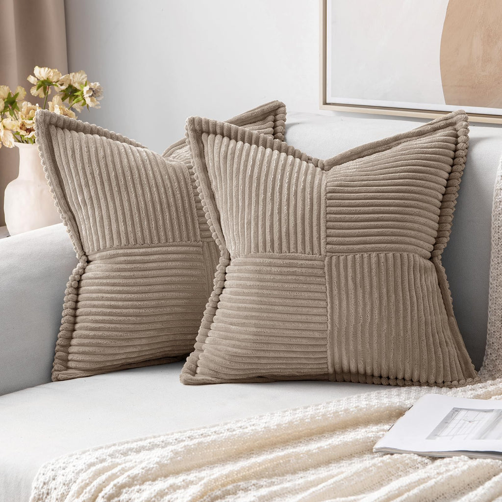 MIULEE Decorative Throw Pillow Covers for Couch Bed Livingroom 20x20 Inch Set of 2 Beige Boho Accent Throw Pllows Broadside Striped Patchwork Soft Corduroy Pillowcases
