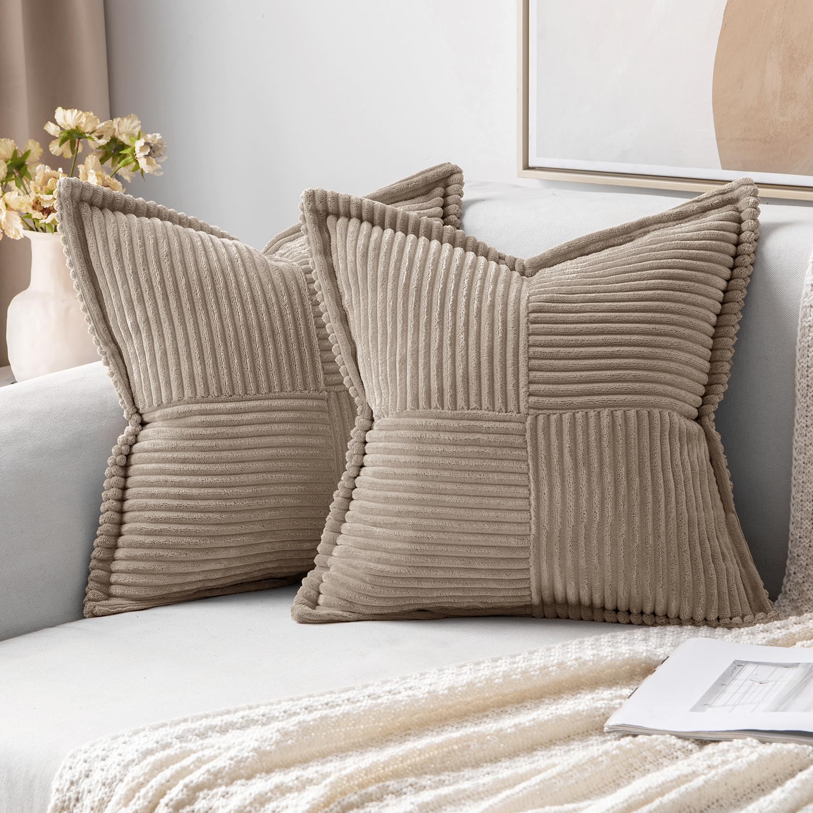 MIULEE Decorative Throw Pillow Covers for Couch Bed Livingroom 20x20 Inch Set of 2 Beige Boho Accent Throw Pllows Broadside Striped Patchwork Soft Corduroy Pillowcases