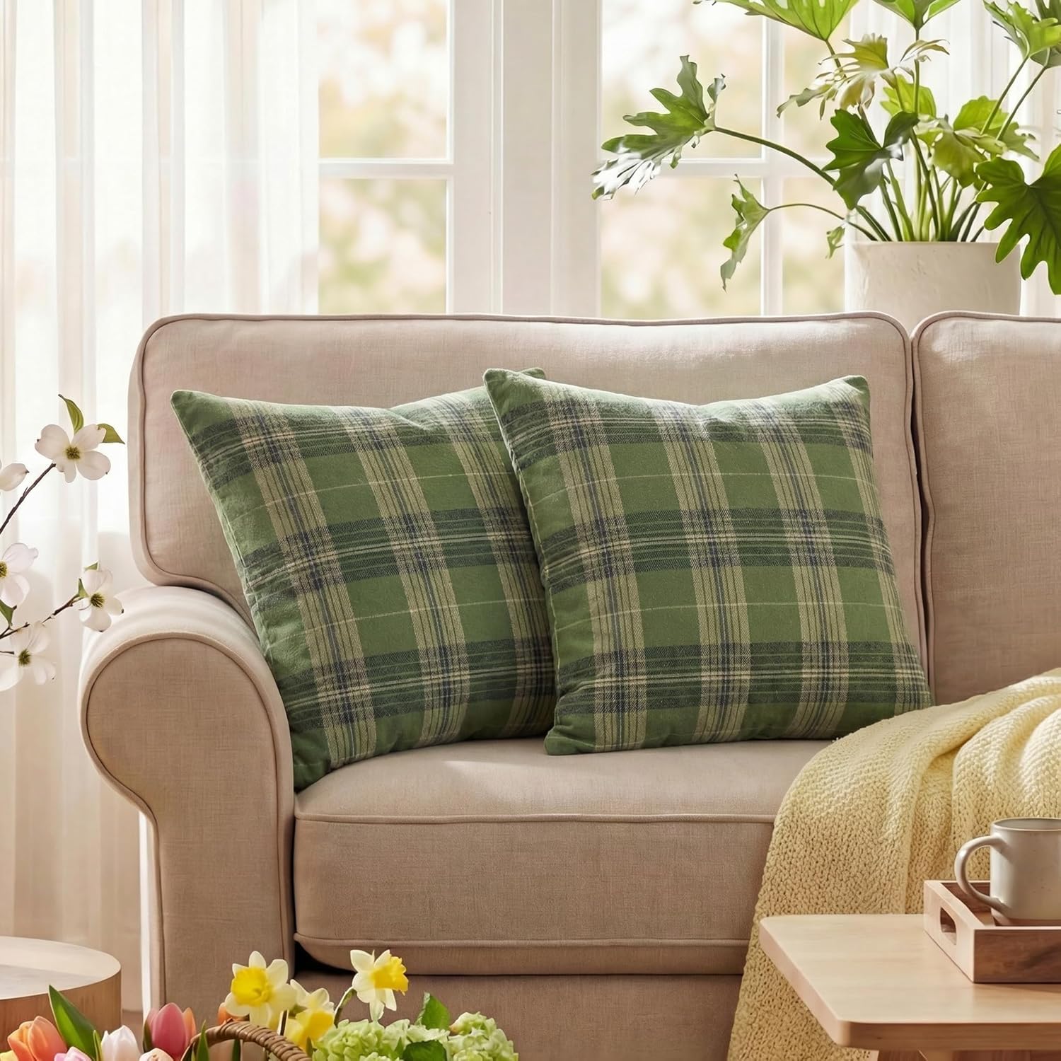 AVOIN colorlife Spring Summer Green Khaki Plaid Decorative Throw Pillow Covers, 18 x 18 Inch Holiday Scottish Tartan Cushion Case Farmhouse Decoration for Sofa Couch Set of 2